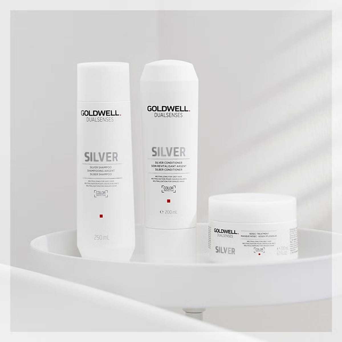 Goldwell Dualsenses Silver hair care products on a white surface.